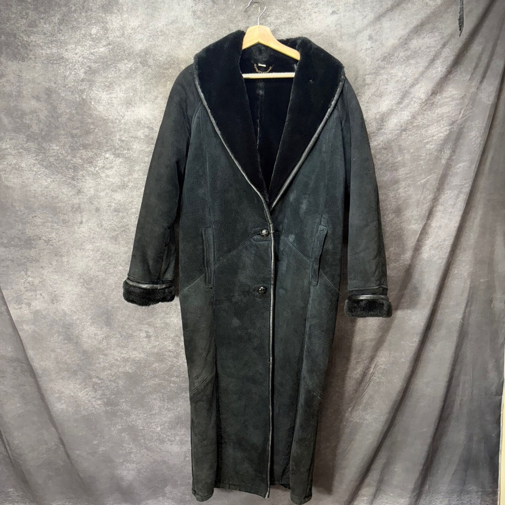 VTG Sydney Black Suede Leather Long Pennylane Coat Faux Fur Collar Lining Size S